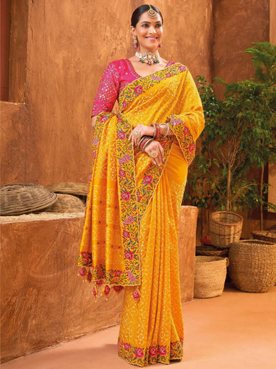 Gorgeous Mustard Yellow Mirror Work Banarasi Silk Haldi Wear Saree